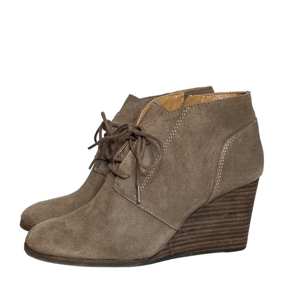 Lucky Brand | Shylow Wedge Booties Suede Lace Up Zipper Taupe Shoe - Picture 7 of 10